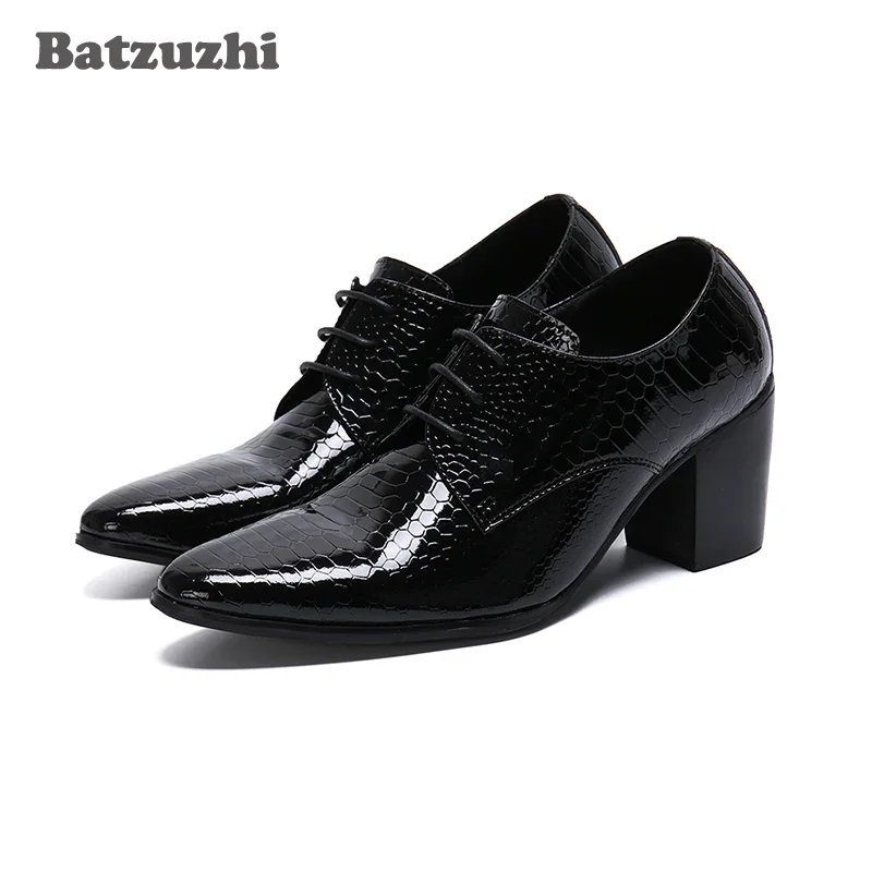 

New 7.5cm High Heel Men Shoes Pointed Toe Black Patent Leather Dress Ankle Boots Men Party zapatos de hombre, Big Sizes 38-46