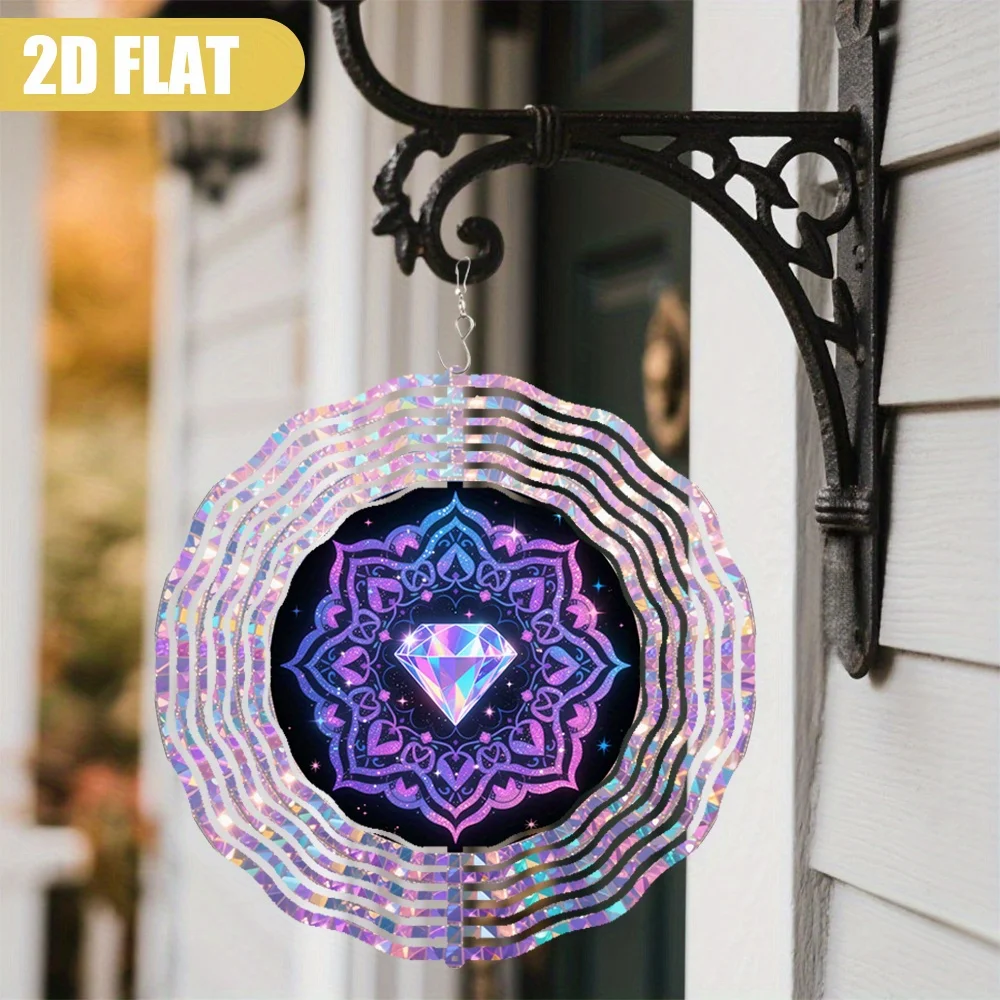 CIFBUY 2D Colorful Diamond Glowing Mandala Wind Chime Metal Spinner with 360 Rotating Hook No Battery Needed Hanging Ornament fo