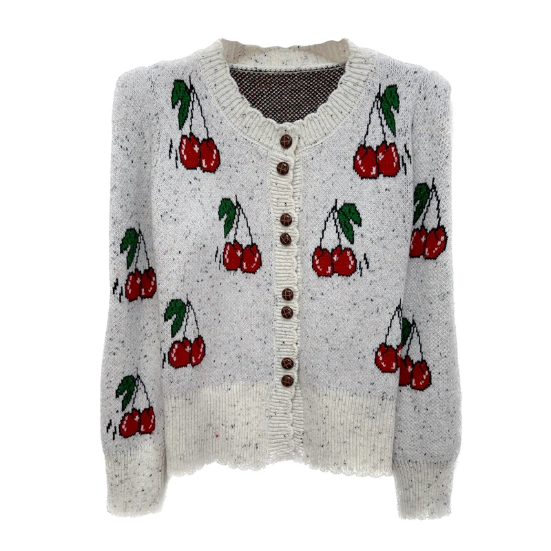 Cherry Jacquard Thicken Knit Cardigan Sweater Women Elegant Fashion Ladies Coat Tops 2024 Autumn Long Sleeve Female Jumpers