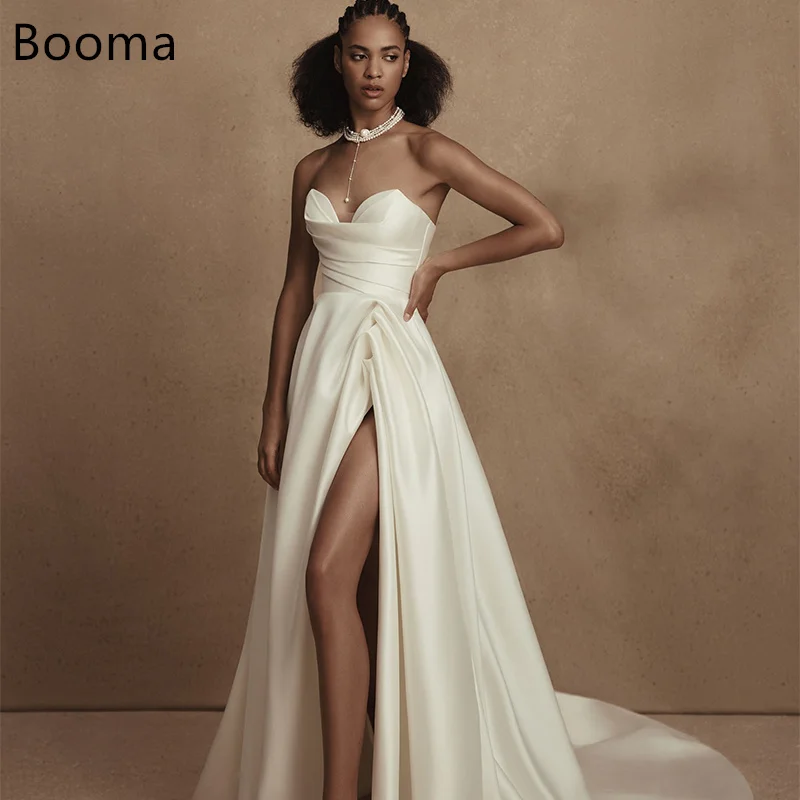 

Booma A-Line Wedding Dresses Strapless Sleeveless Pleat Long Side Split Elegant Brides Gown Custom Made 2025