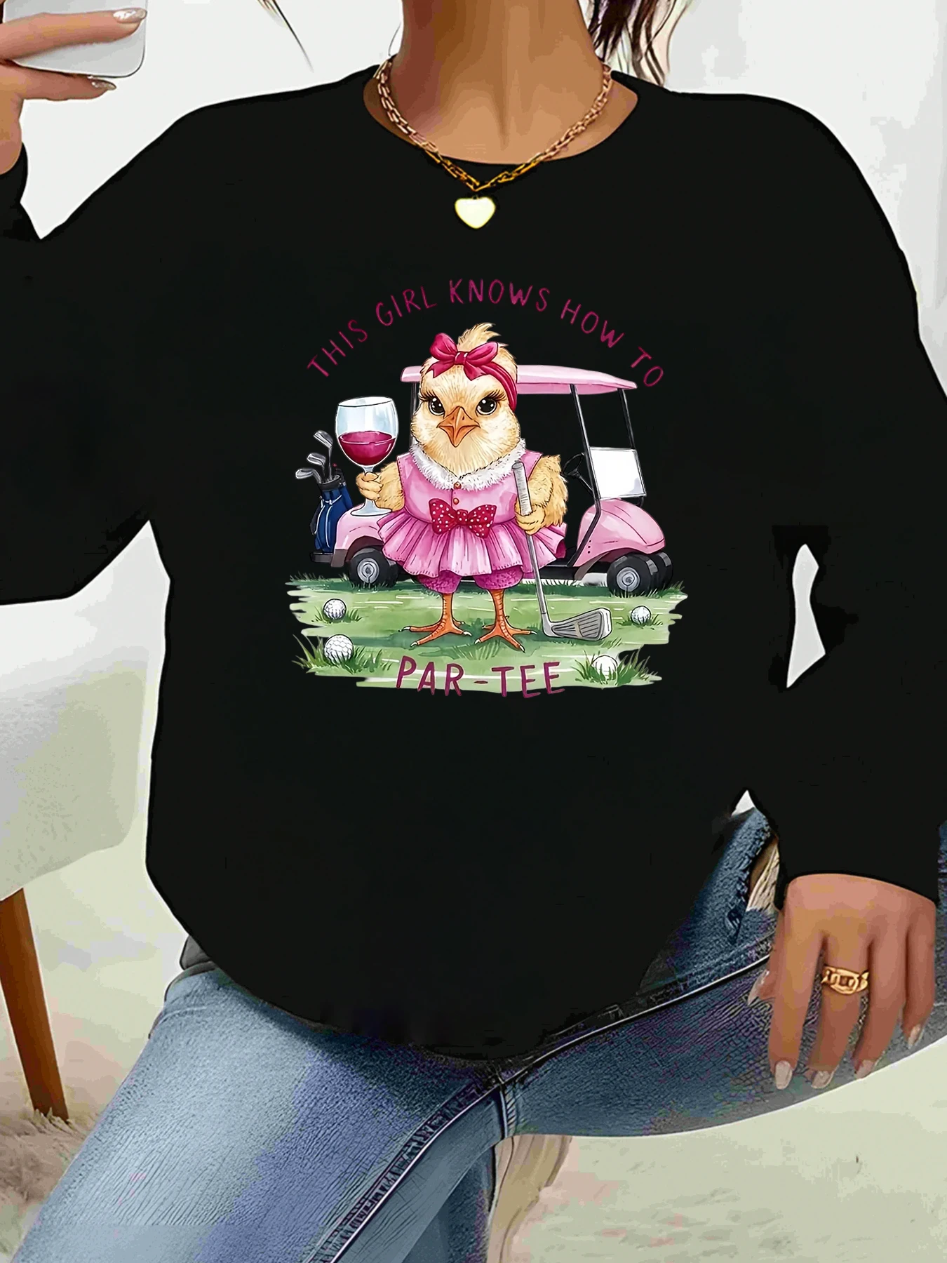 عربة جولف الدجاج تصميم النبيذ للهالوين بأكمام طويلة تي شيرت نسائي غير رسمي #1