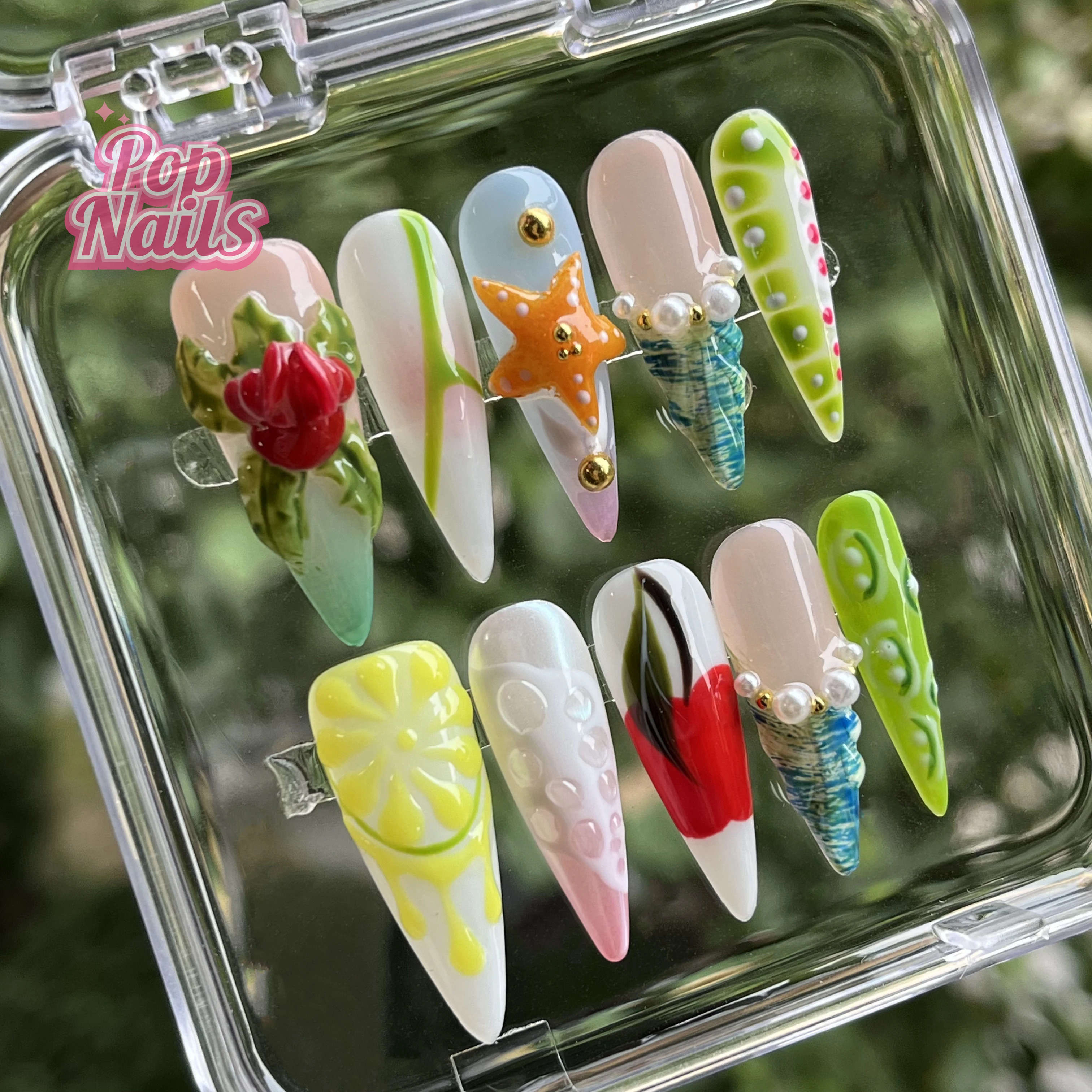 Flowers Handmade Press on Nails Long Stiletto 3D Fruit Lemon French Tip Nails Summer Hand-painted Presson 3d Gel Flower Nail Art