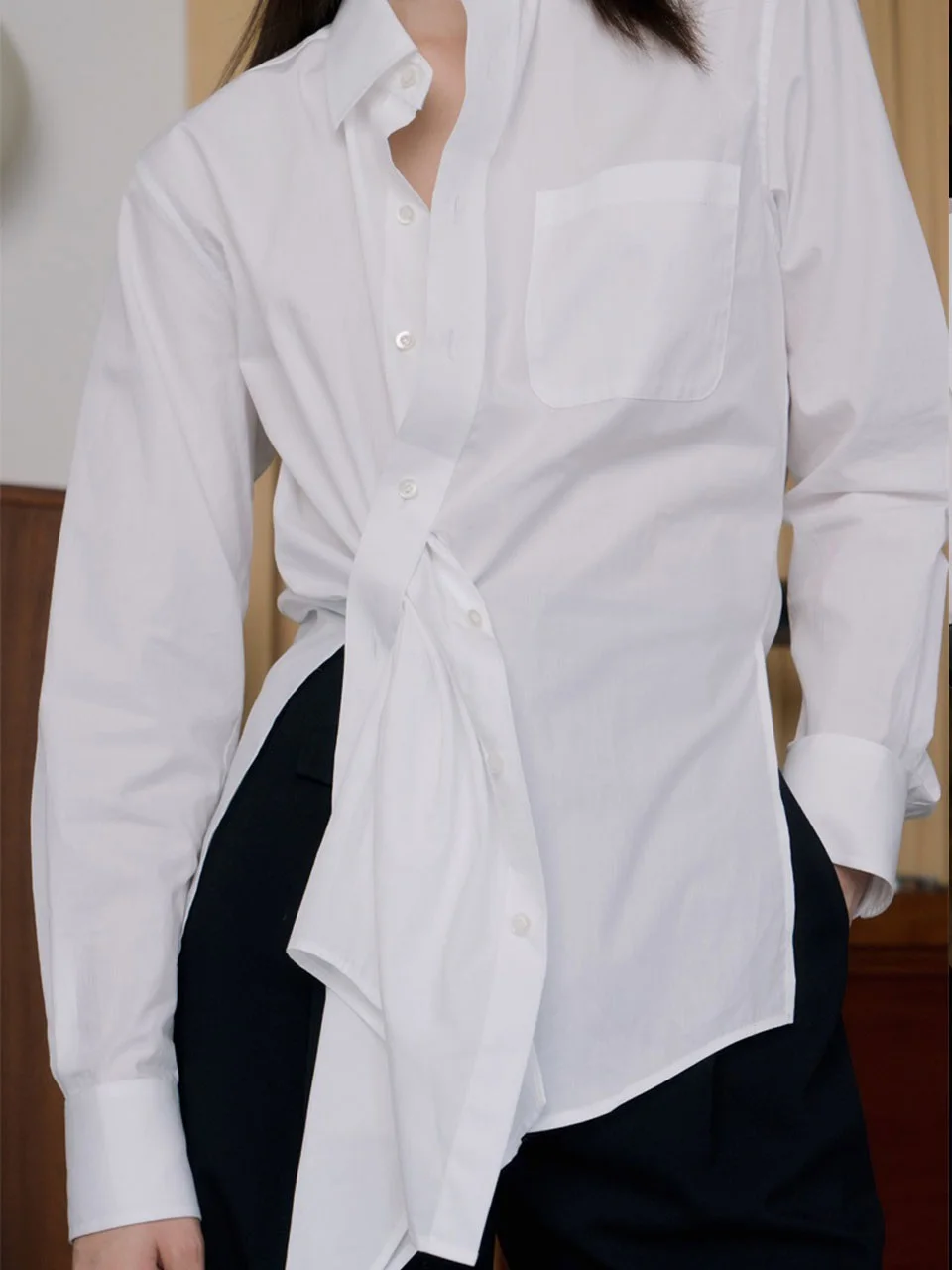

Весенняя свободная женская белая рубашка с асимметричным дизайном, суперпопулярный трендовый топ, 100% хлопок, длинный рукав