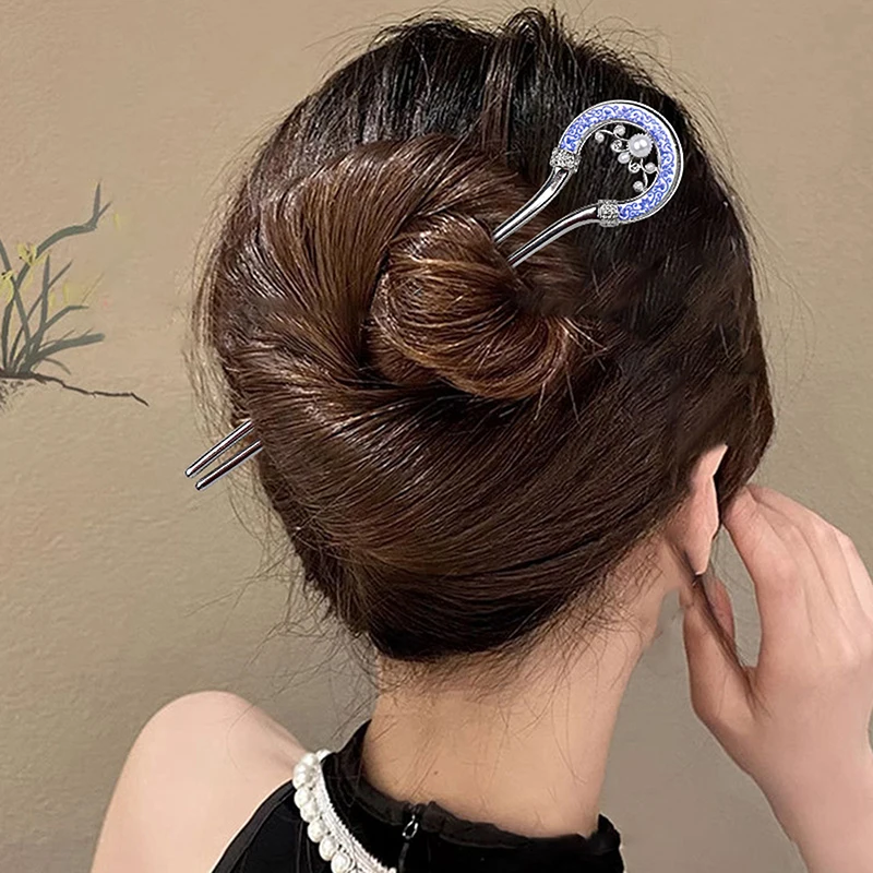 Pearl Metal U Shape Hair Stick Retro Blue And White Porcelain U-shaped Hanfu Hairpin Hair Accessories