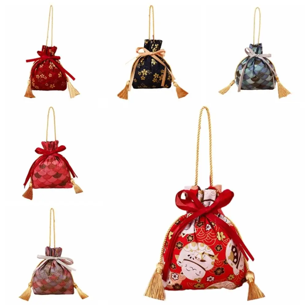 Korean Canvas Festive Sakura Flower Drawstring Bag Ribbon Bow Sugar Bag Lucky Cat Wedding Large Capacity Handbag