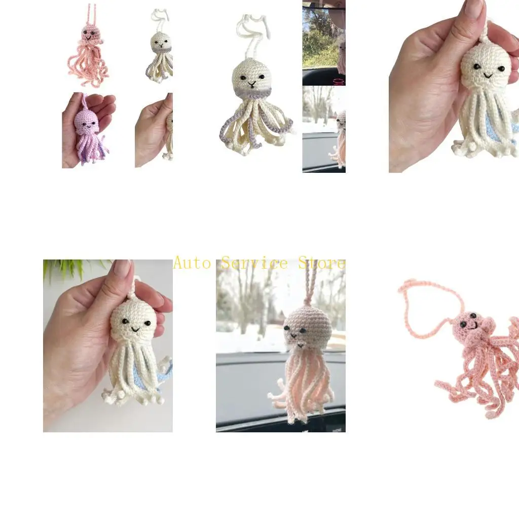 462A Rearview Mirror Handmade Woolen Octopus Ornament Pendant Car Mirror Hanging Decor for Women Girl Car Interior Accessory