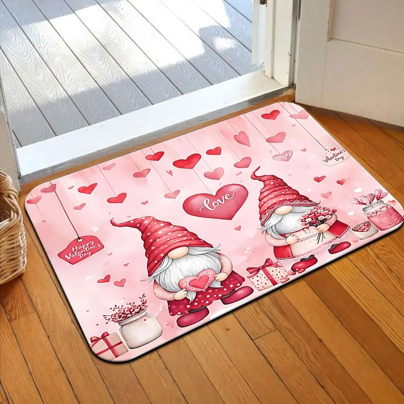Valentinstag Gnome Bedruckter Küchenteppich Wohnzimmer Esszimmer Wäsche Bodenmatte Balkon Flur Rutschfeste Fußmatte