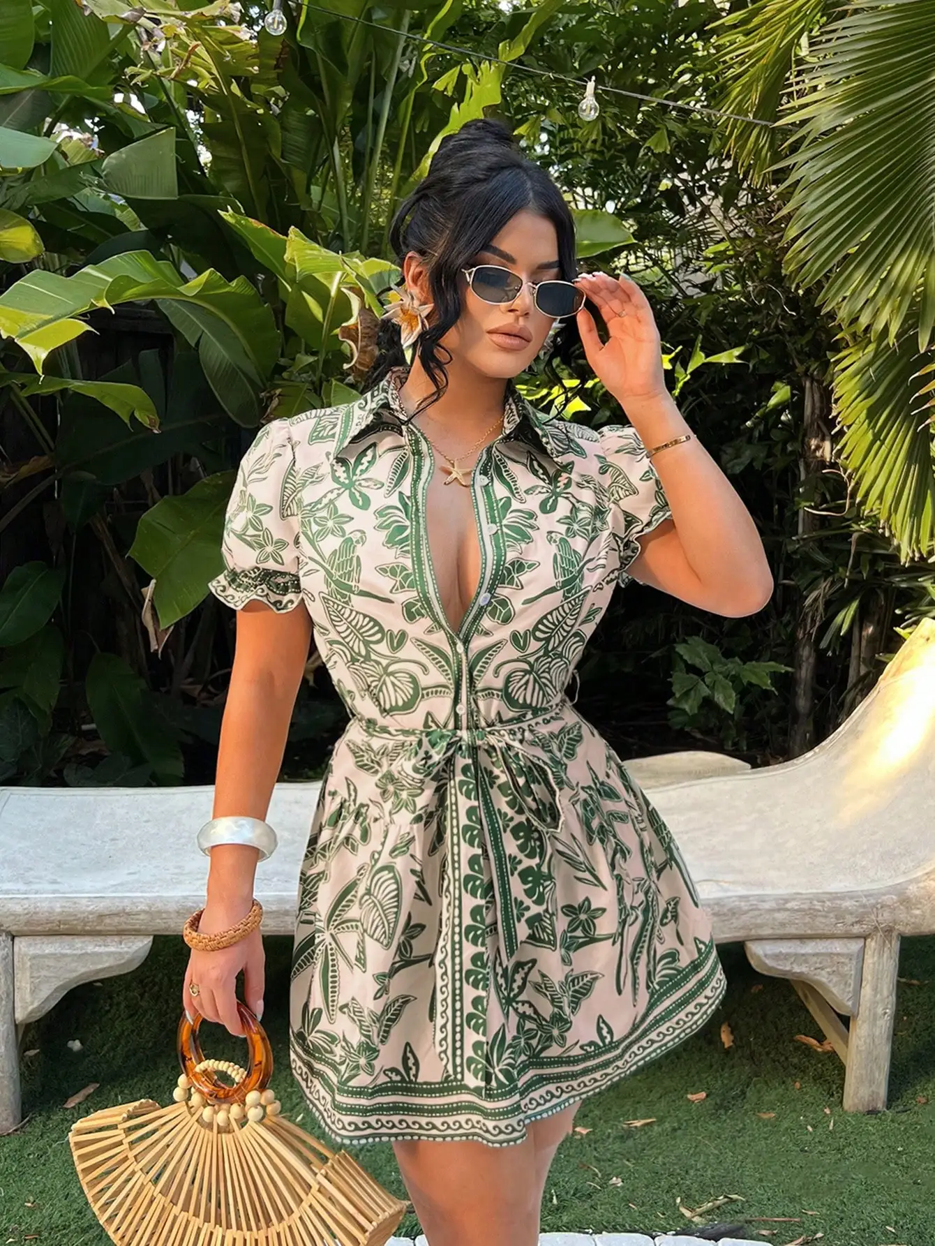 

Платье-рубашка А-силуэта с короткими рукавами и цветочным принтом в стиле бохо с завязками на талии для летнего отдыха