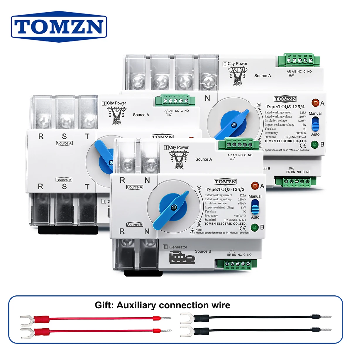 Din Rail 2P 3P 4P ATS Dual Power Automatic Transfer Switch Electrical Selector Switches Uninterrupted Power 63A 100A TOMZN Mini
