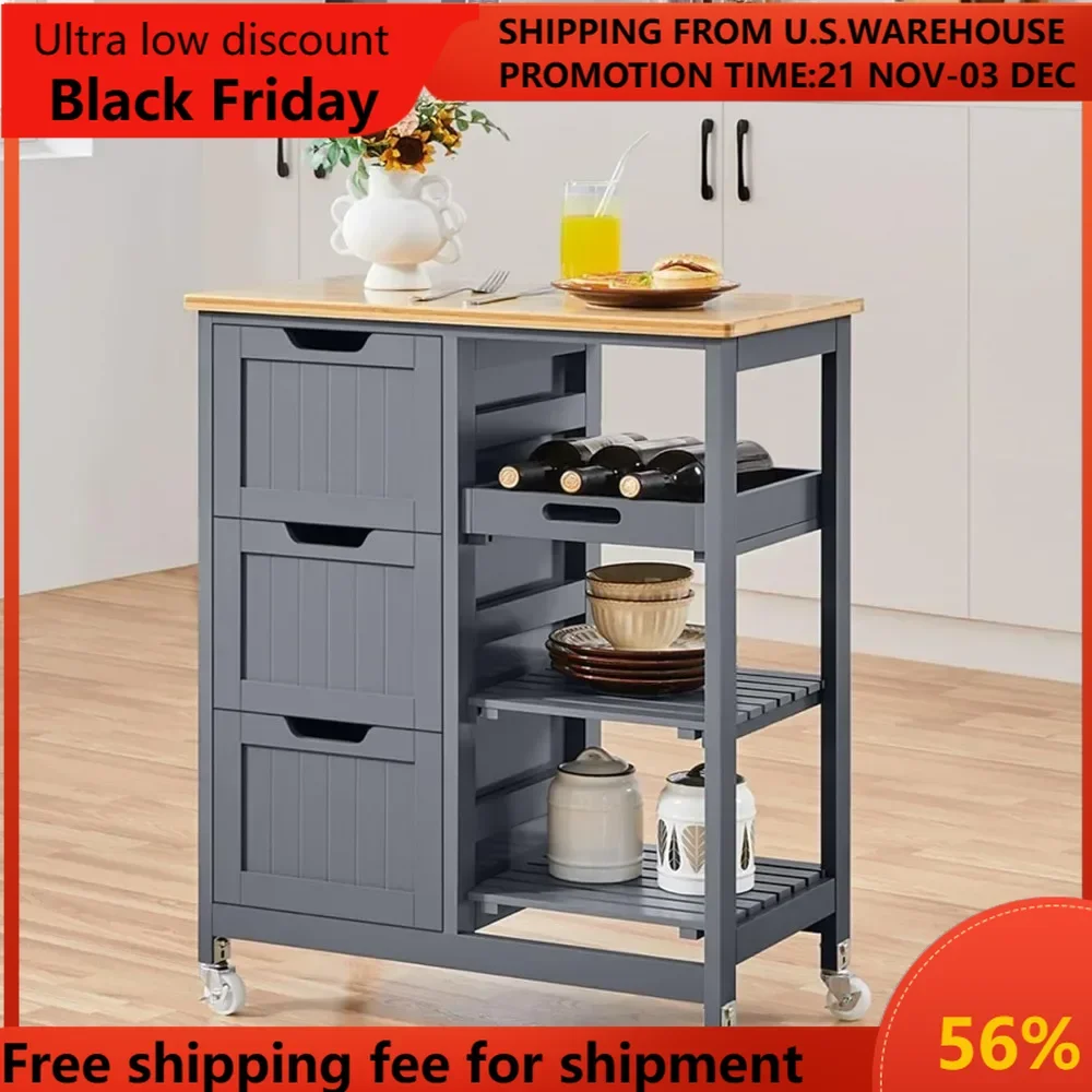 

Kitchen Island Cart on Wheels with Storage, Rolling Bar Cart with Solid Wood Top and 3 Drawers, 3 Removable Shelves, Serving