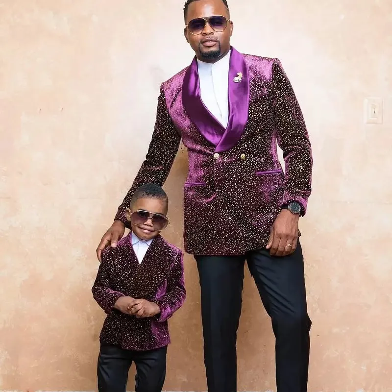 Brilliant Purple Double Breasted Wedding Suit Shawl Lapel Boy Ring Bearer Wedding Two Piece Suits Boys Attires (Jacket+ Pants)