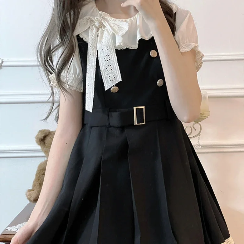 2024 New Japanese Jk Uniform Original Design Apricot Bow Shirt Top Black Belt Strap A Line Waist Slim Dress Suit For Girls