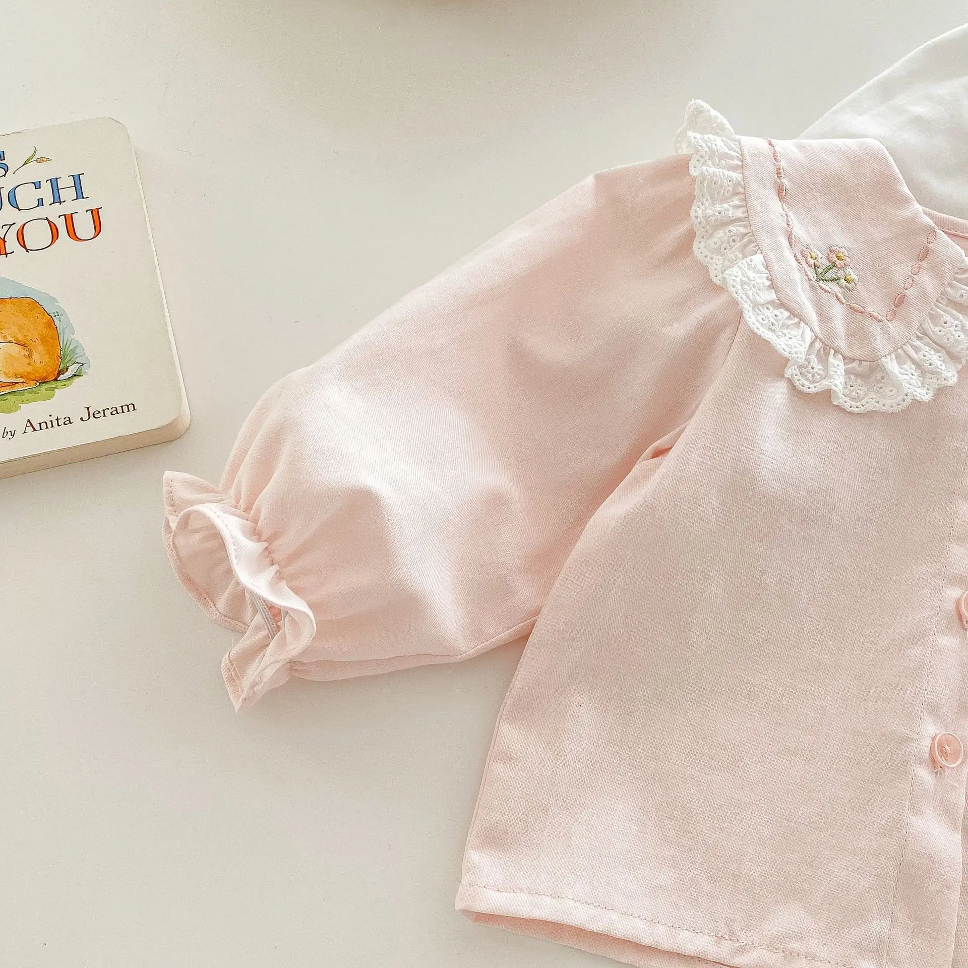 2026 Spring New Baby Girls Blouses Cotton Lace Floral Embroidery Collar Toddler Cute Blouse 0-5Year Kids Girls Cotton Shirts