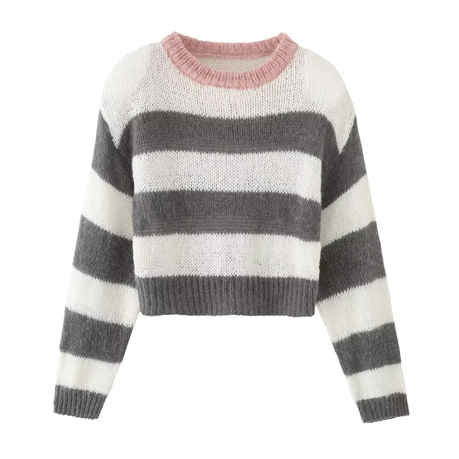 

2025 Autumn Women O neck Contrast Color Stripes Knitted Sweater American Retro Full Sleeve Pullover Loose Jumper Short Knitwear