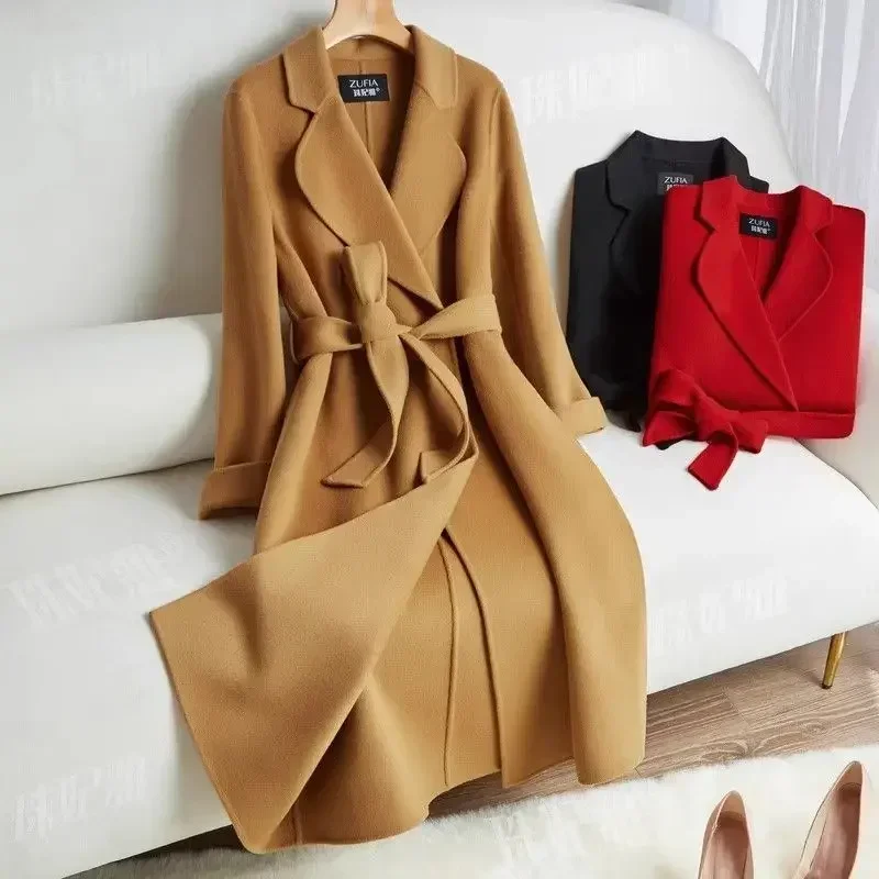 double-sided cashmere coat women's long New simple but stunning straight tube slim high-end suit off-season wool coat camel