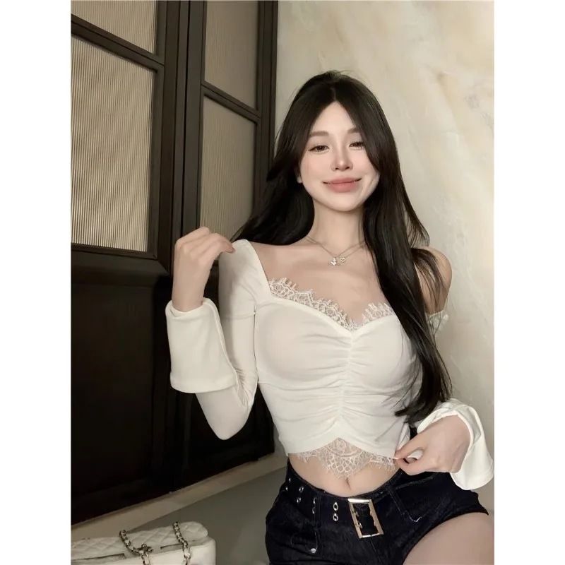Sexy Crop Tops Women Y2k Clothes Long Sleeve Lace Mesh T-shirt Tight Neckline Luxury V-neck Tops Black White New