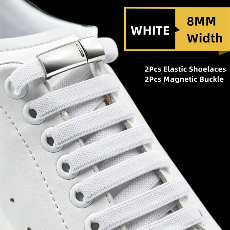 

Fashion 8MM Width Flat Elastic Shoelaces Metal Magnetic Lock Rubber Shoe laces Without Ties Lazy Kids Adult Quick Lace Strings