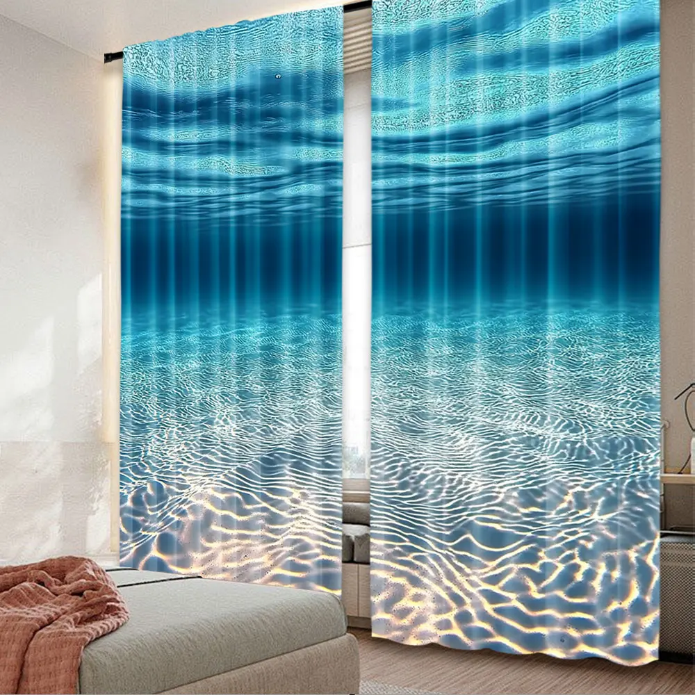 2Pcs Underwater World Curtain Ocean Sunshine Deep Blue Sea Water Curtain Suitable For Living Room Bedroom Hotel Store A