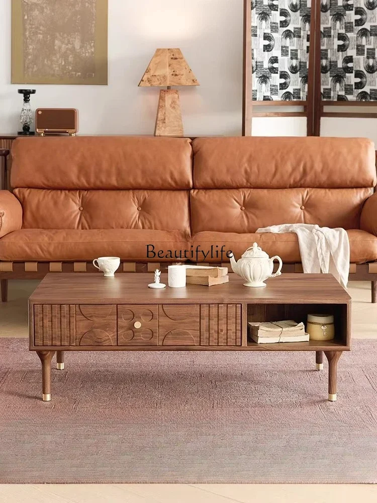 

yj7 North American Black Walnut Solid Wood Carved Tea Table Vintage Style Living Room Simple Tea Table