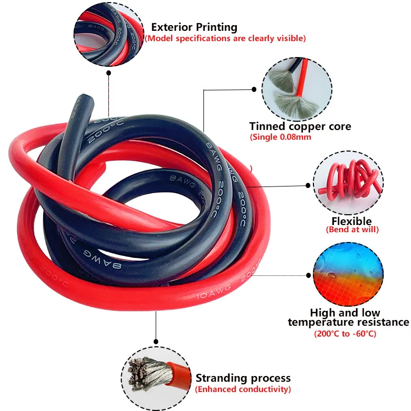 Super soft silicone tinned copper wire 2awg 4awg 6 8awg 10awg Heat Resistant Power Cord Red Black For Automotive Lithium Battery