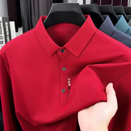 Herren-Freizeit-Polohemd mit langen Ärmeln, knitterarm, aus weichem Material, klassisches Revers- und Knopfdesign, für alle Jahreszeiten, geeignet für Geschäft und Alltag. – Detail 8