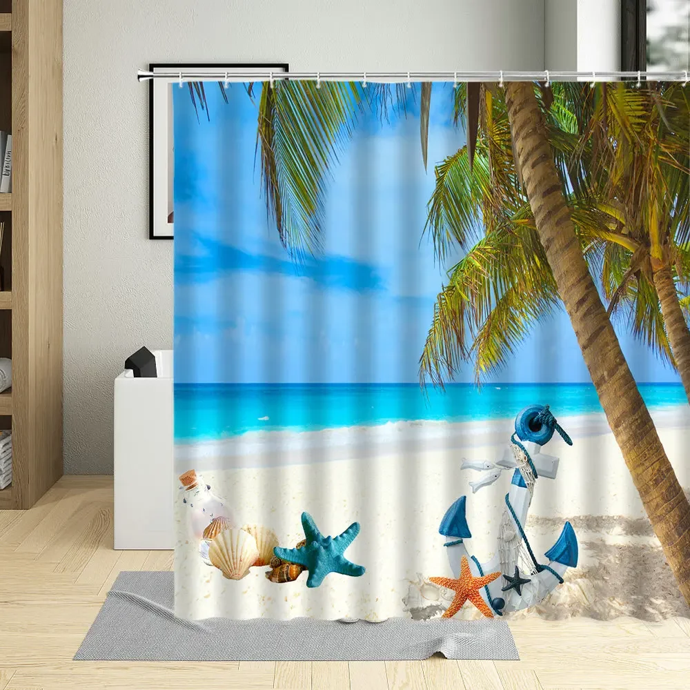 Summer Seaside Shower Curtain Sandy Beach Coconut Tree Vacation Scenery bathroom Bathtub Decorative Cloth Home Washable Fabric