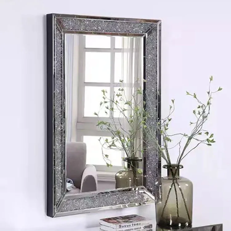 2022 Modern minimalist rectangular three-dimensional foyer wall hanging mirror glass rhinestone decorative hanging mirror