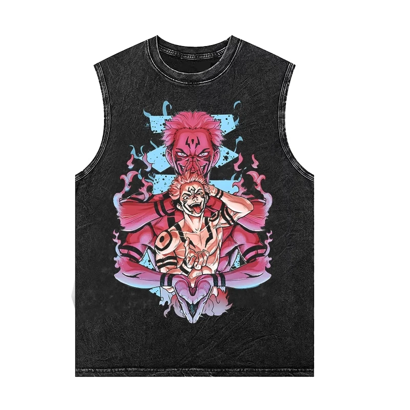 

man Retro 100%Cotton Washed Vest GYM Tank Top Japanese anime Jujutsu Kaisen Men Y2k Top exercise Sleeveless streetwear Singlets