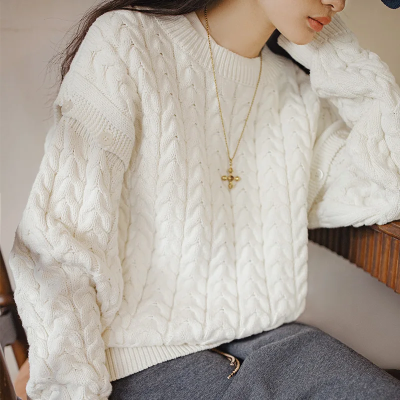 Maden Casual Detachable Knitted Sweater Vintage White Knit Pullover with Round Neck Vest for Women's Autumn and Winter Warm Tops