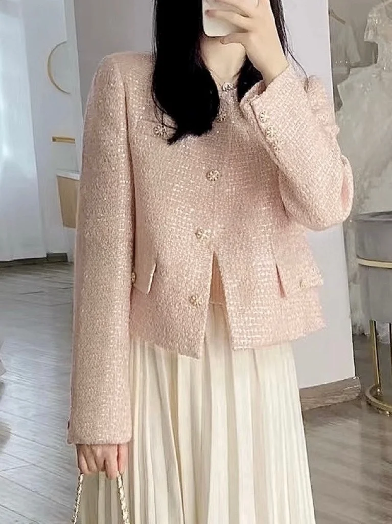 Elegant Short Pink Lotus Color Suit Jacket Luxury Brand Style Autumn Winter Women's Fashion Outerwear Button Detail Warmth