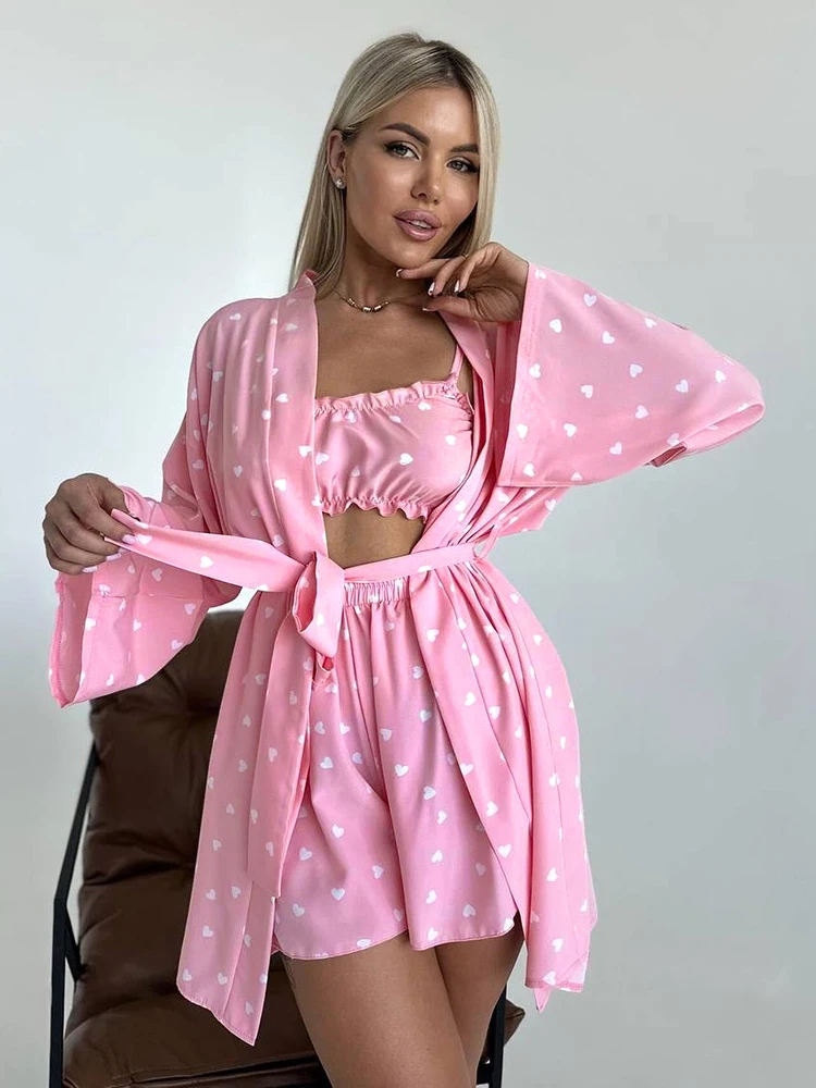 Hiloc Fashion Print Robe Pajamas Sets 3 Pieces For Women Casual Pink Sexy Strapless Crop Tops Summer Slit Shorts Sleepwear Suits