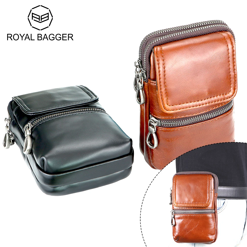 Royal Bagger Genuine Leather Outdoor Travel Waist Packs, Retro Men\'s Mobile Phone Bag with Belt 1714