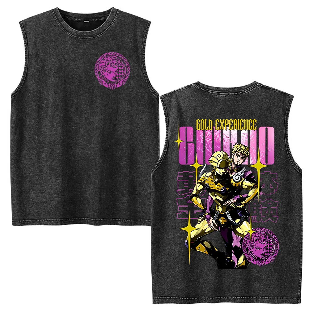Anime Jojo Bizarre Adventure Jotaro Kujo Star Platinum Vintage Acid Washed Tank Tops Men Women Clothing Sleeveless Vest T-shirts view 3