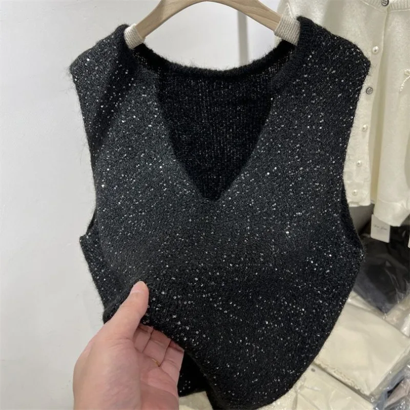 الكورية نمط لامعة سترة مطرزة الخامس الرقبة أكمام سترة فضفاضة سترة المرأة الأعلى #6