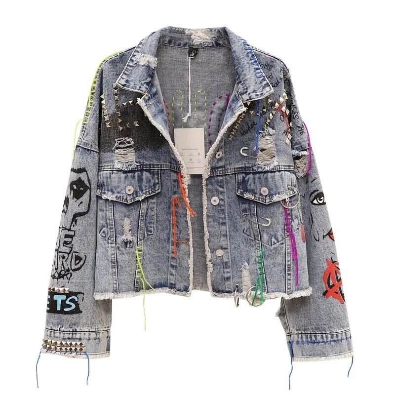 2024 primavera outono feminino rua moda graffiti denim jaqueta feminina curto desgastado corte cru rebite jaqueta franja jean casaco outwear