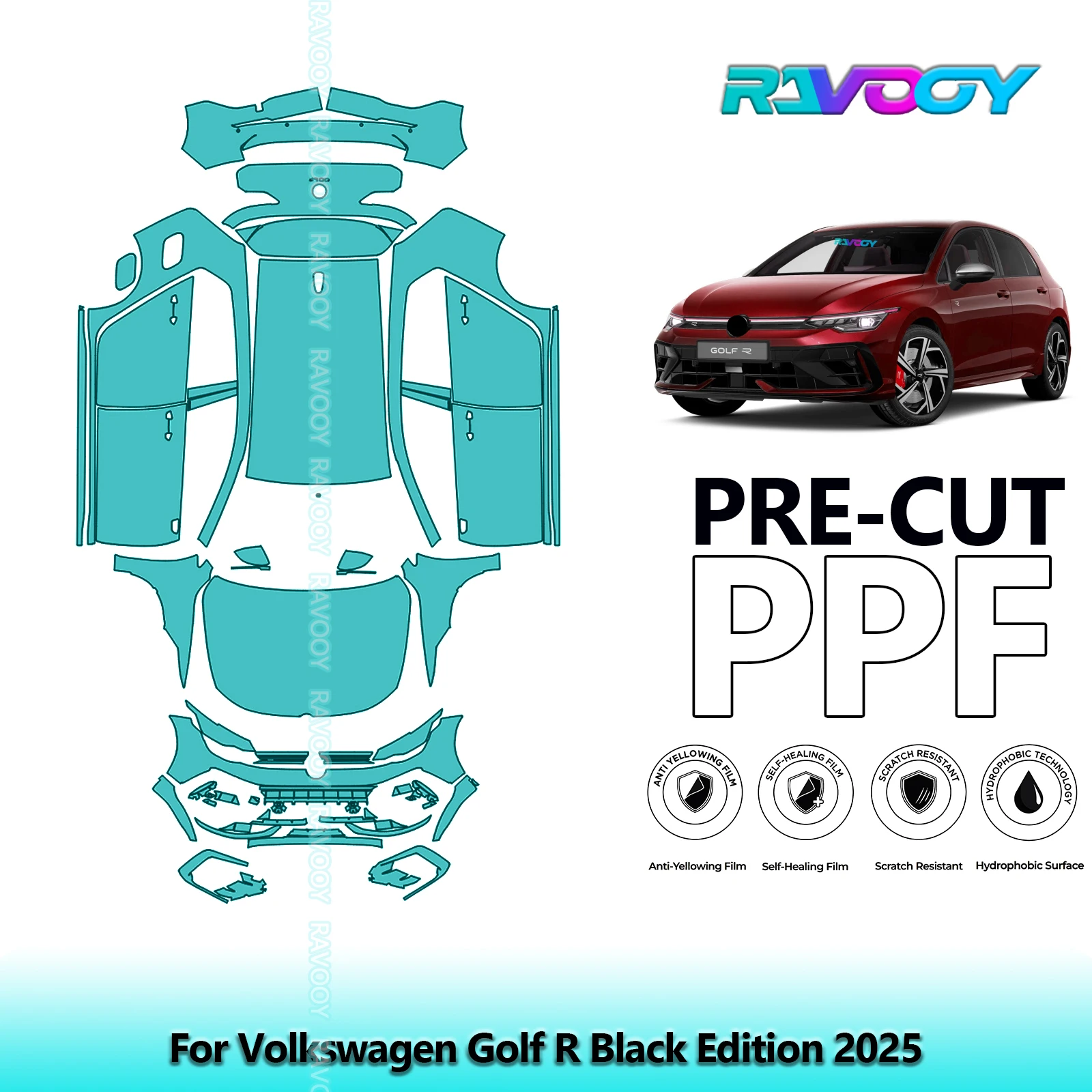 

Полный автомобильный прозрачный бюстгальтер, предварительно вырезанная защитная пленка для краски PPF для Volkswagen Golf R Black Edition 2025