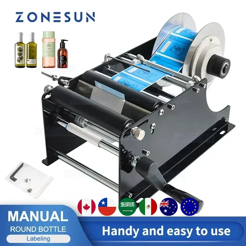 ZONESUN-Manual Labeling Machine, Round Bottle Applicator, Beer Cans Water Wine Label Sticker, Plastic Bottle Applicator, ZS-50