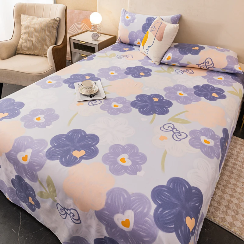 Beautiful Flower Silky Soft Flat Sheets Set Watercolor Purple Floral Breathable Room Decoration Kids Bed Sheets Sets Queen Size