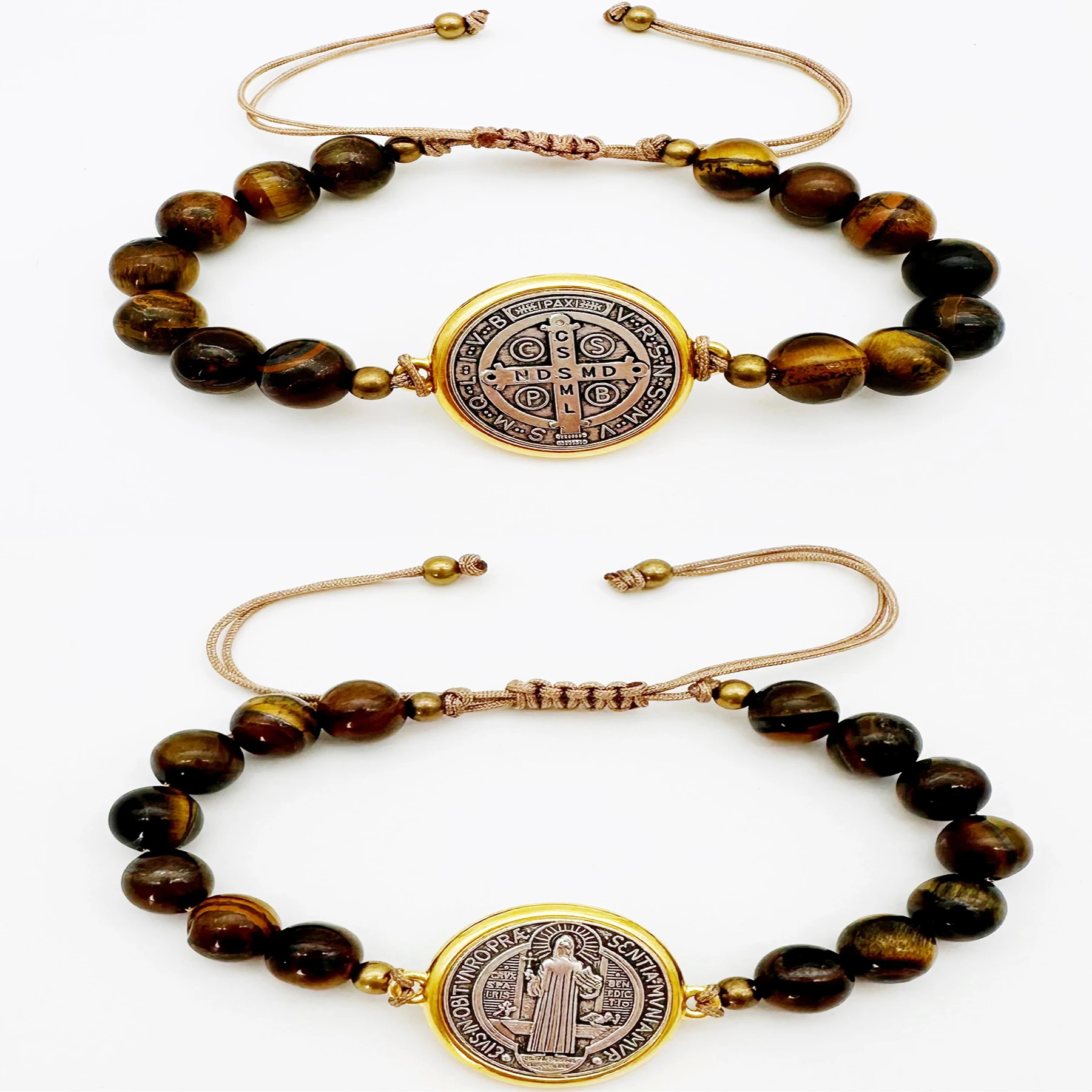 2Pcs San Benito Bracelets Tigher Eye Adjustable Bracelet For Women Men Girls Boys The Saint Benedict Medal Pendant