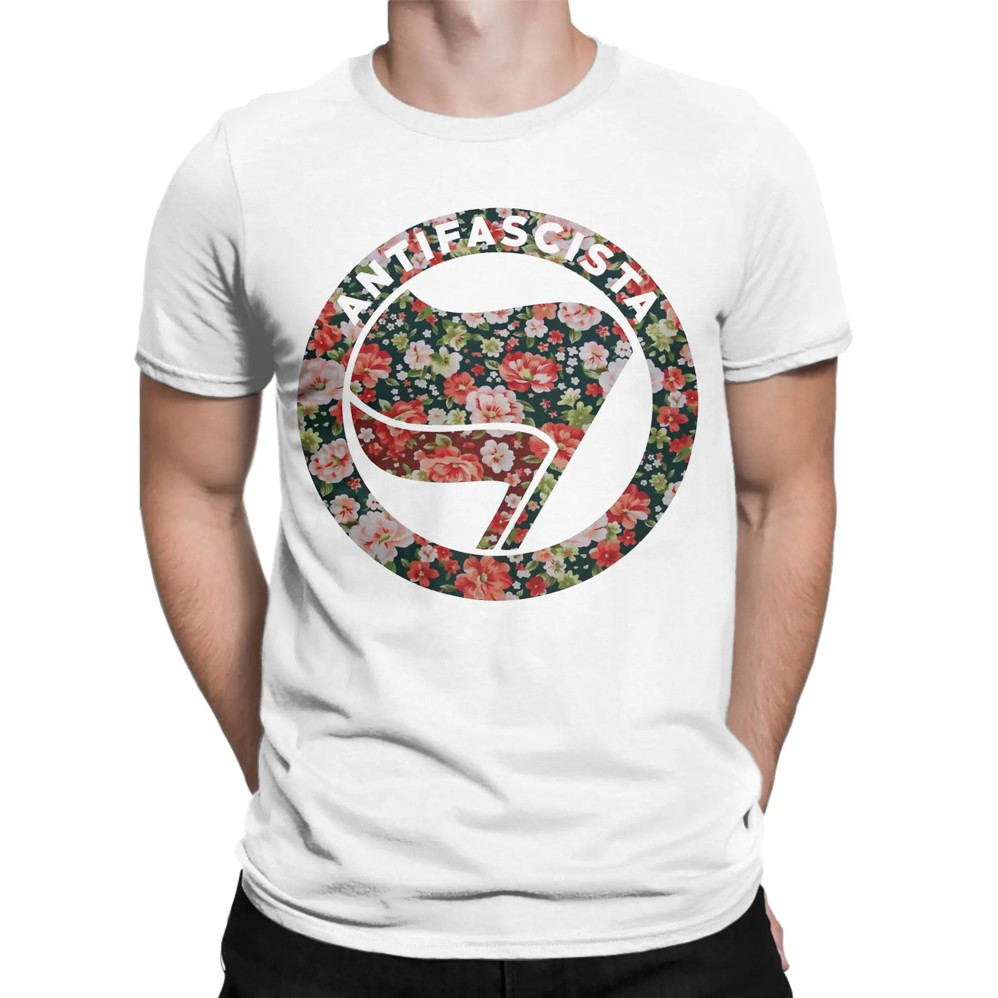 Leisure Anti Fascist Antifa Floral T Shirt For Men Women 100%Cotton Short Sleeve  Round Neck Summer Tops Shirts