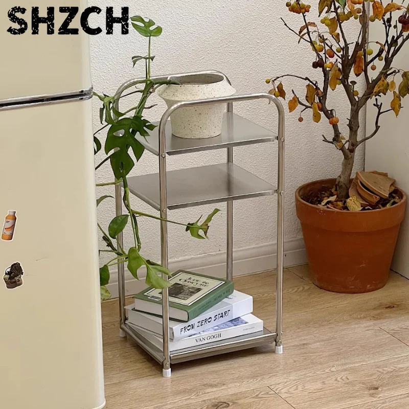 Ins Stainless Steel End Tables Minimalist Home Organizer Living Room Storage Shelves Bedhead Multi Layer Cart Storage Solution