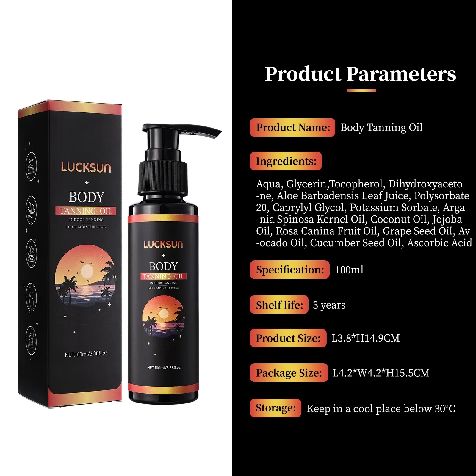 زيت دباغة ذاتي متوهج طبيعي - تركيبة بدون شمس تخلق لون الجسم الممزق بالشمس. يوفر تشطيبًا للبشرة المشعة بدون التعرض بالأشعة فوق البنفسجية.