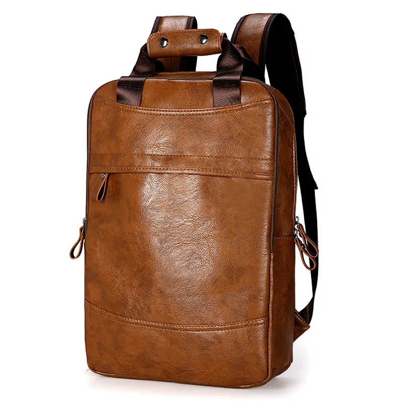 Vintage Waterproof Backpack Men Luxury College School Bags Casual PU Leather Backpacks Travel Retro 15.6 Inch Laptop Bag For Men