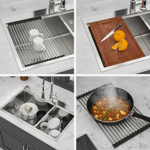 

ATV304 Stainless Steel Double Bowl Kitchen Sink 33x22 Inch, Undermount Large Deep With Drain Board Commercial Set