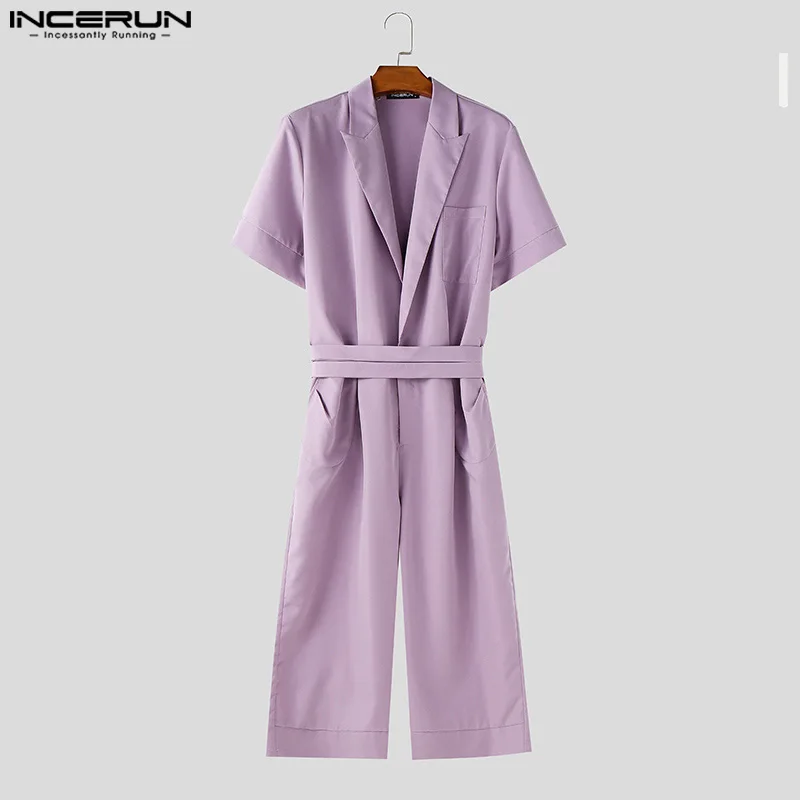 INCERUN hommes combinaisons couleur unie revers à manches courtes homme Blazer barboteuses Streetwear 2025 été ample mode salopette S-5XL