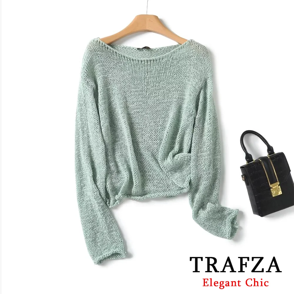 TRAFZA Fashion 2024 Fall Winter Green Solid Knit Pullover Women's Boat Neck Loose Pullover French Luxury Casual Style