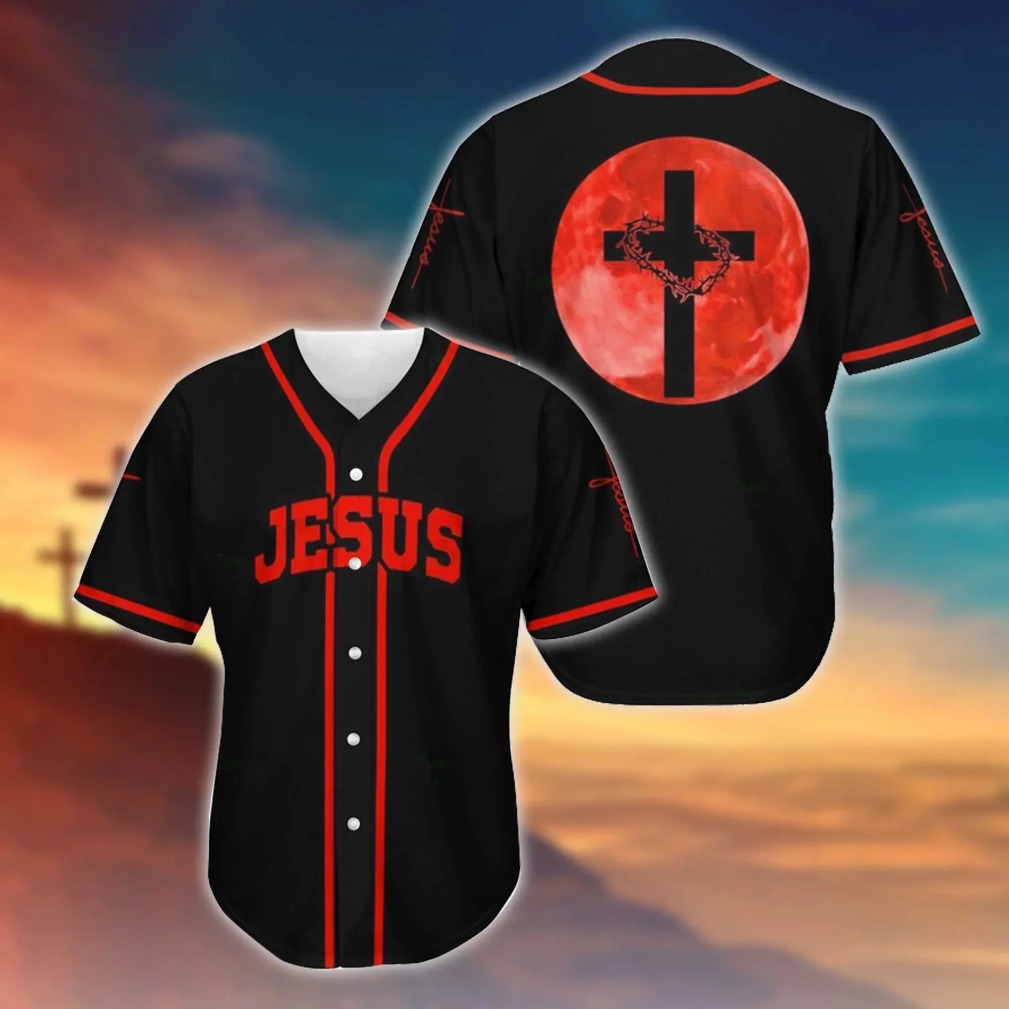 Drop shipping JESUS - CROSS IN A RED MOON 3D All Over Printed Baseball Shirt Men's Casual Baseball Jersey hip hop Tops KS-08