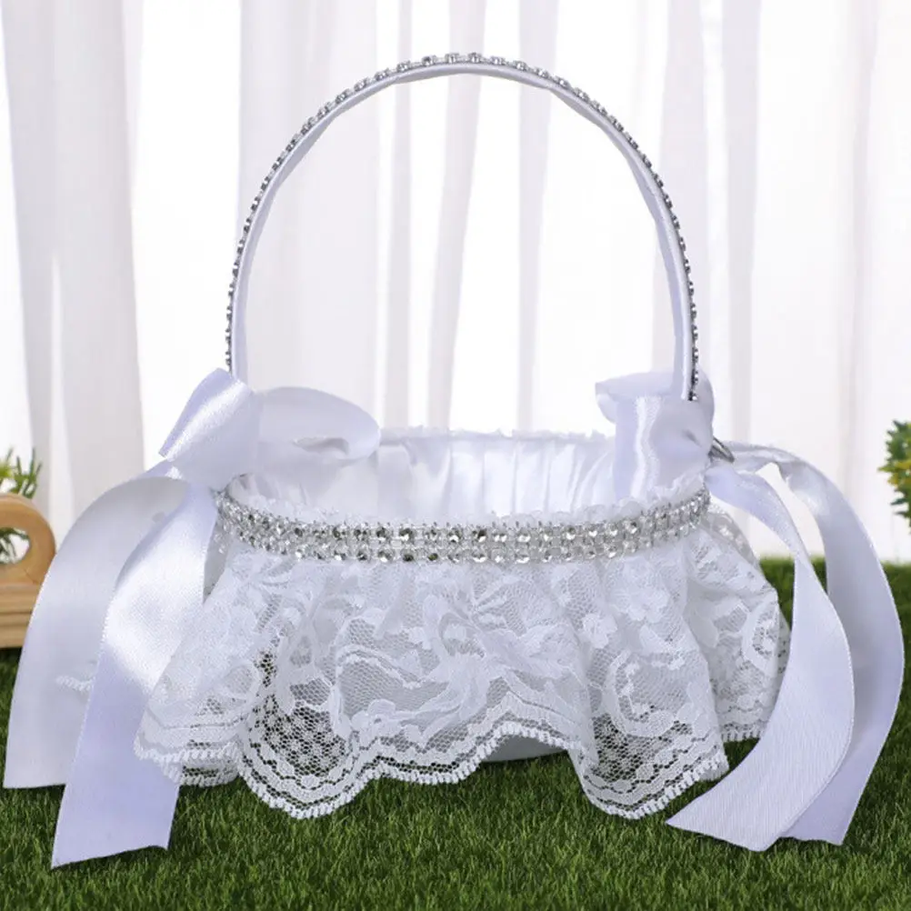 

2Pcs Bowknot Wedding Flower Baskets Handmade Lace Cloth Flower Girl Basket Elegant Wedding Decoration Party Favor Basket