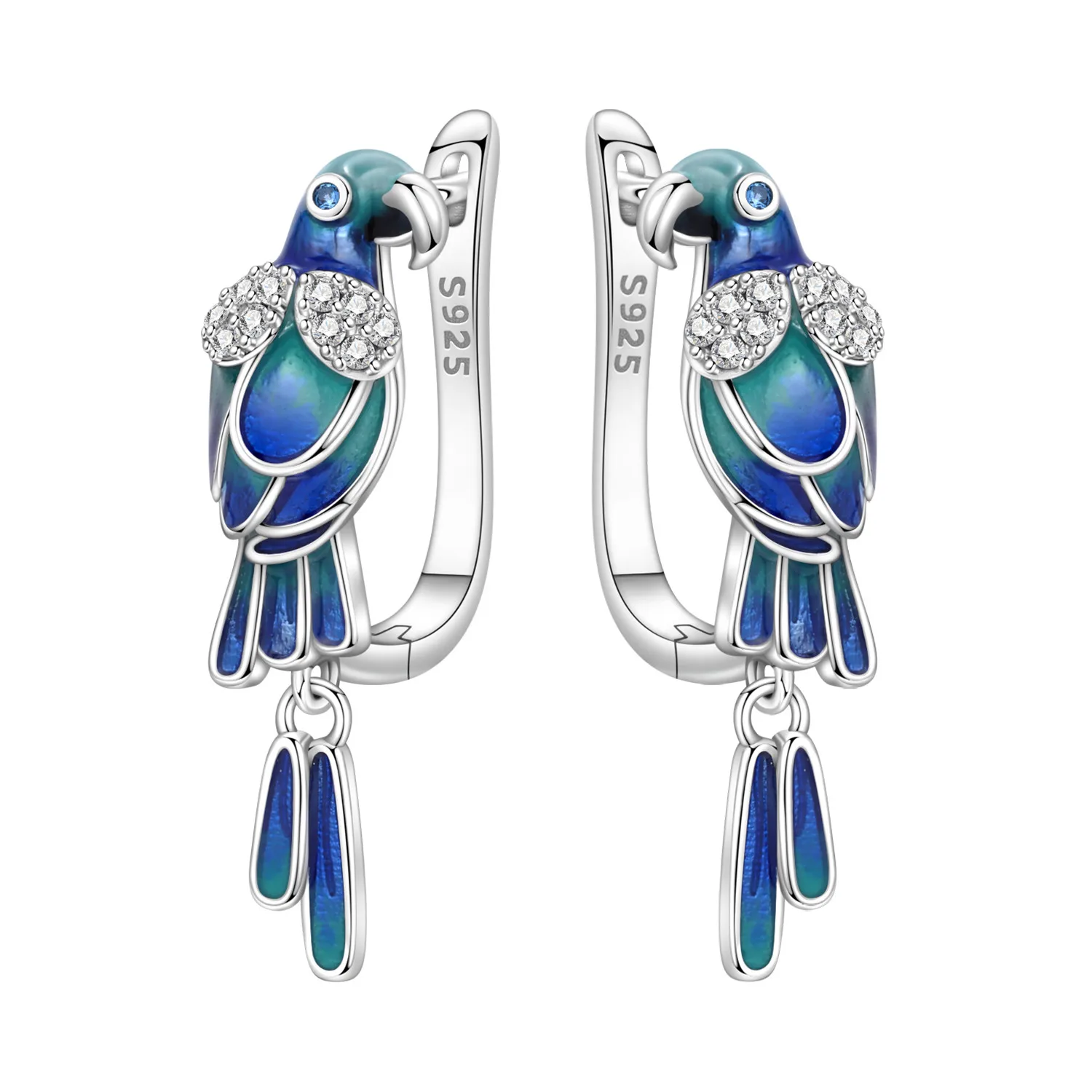 Orstarry S925 Sterling Silber Ohrringe, exquisite blaue grüne Papageien-Kolibri-Ohrringe für Frauen, Geburtstagsgeschenk
