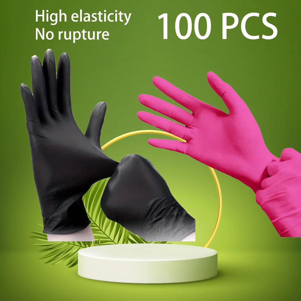 

100 pcs Disposable Nitrile Gloves Tear Resistant High Elasticity Multi Colors Black Pink Blue White Red Size S M L XL
